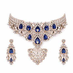 Imperial Sapphire Diamond Necklace with Earrings | Savya Jewels | 14-kt-gold | sapphire