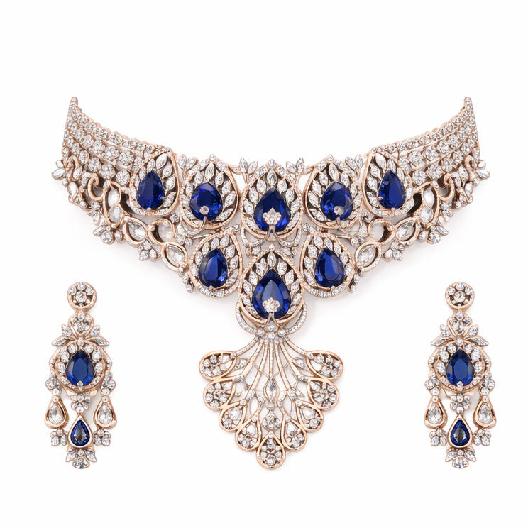Imperial Sapphire Diamond Necklace with Earrings | Savya Jewels | 14-kt-gold | sapphire