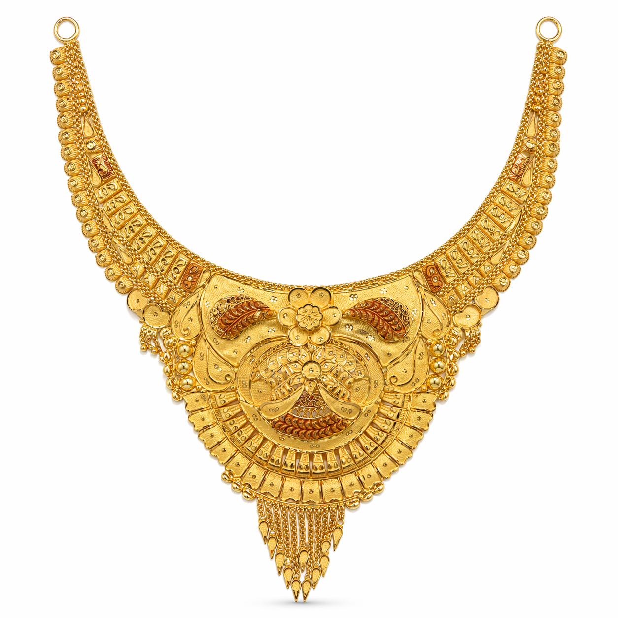 22Kt Gold Antique Rajwadi Peacock Bridal Necklace with Meenakari & Tassel Fringe