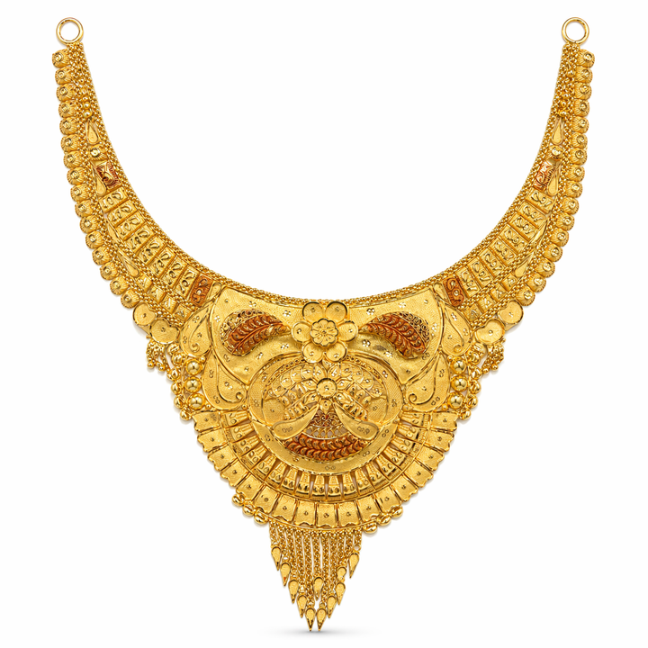 22Kt Gold Antique Rajwadi Peacock Bridal Necklace with Meenakari & Tassel Fringe