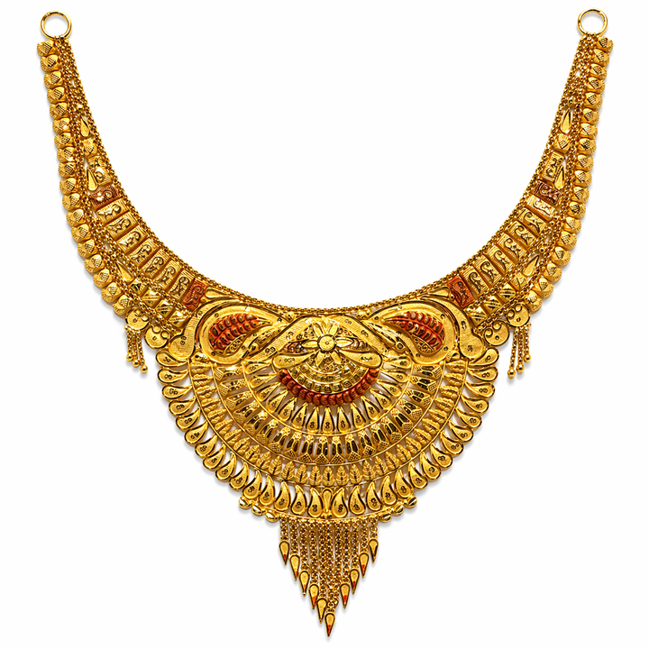 22Kt Gold Antique Rajwadi Scalloped Bridal Necklace with Meenakari & Tassel Fringe