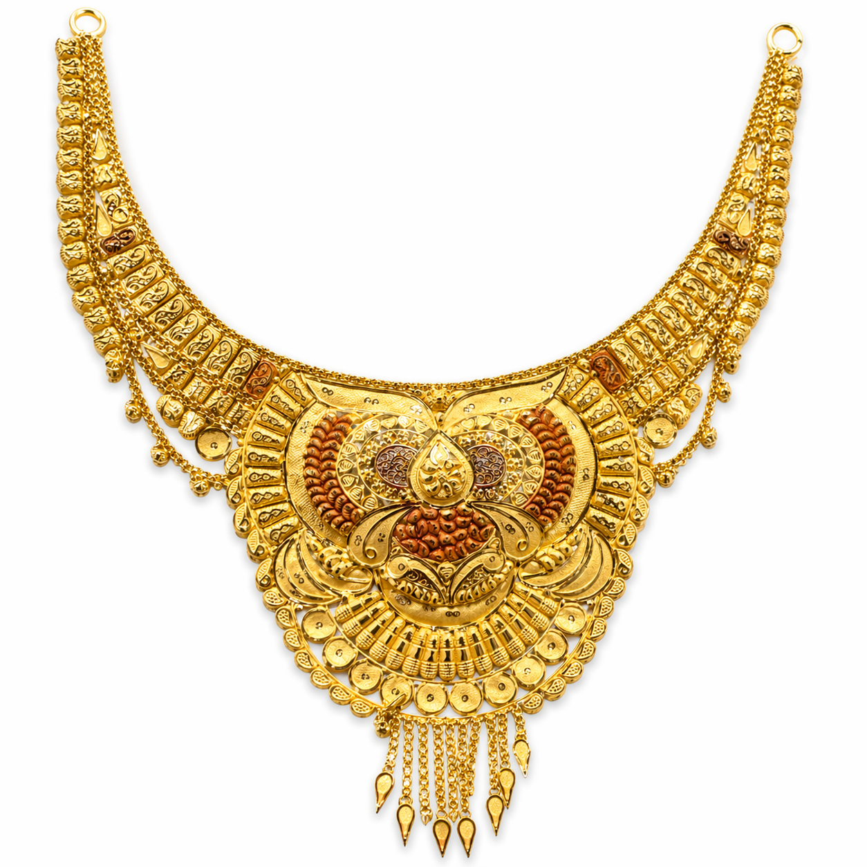 22Kt Gold Antique Rajwadi Lotus Bridal Necklace with Meenakari & Tassel Fringe