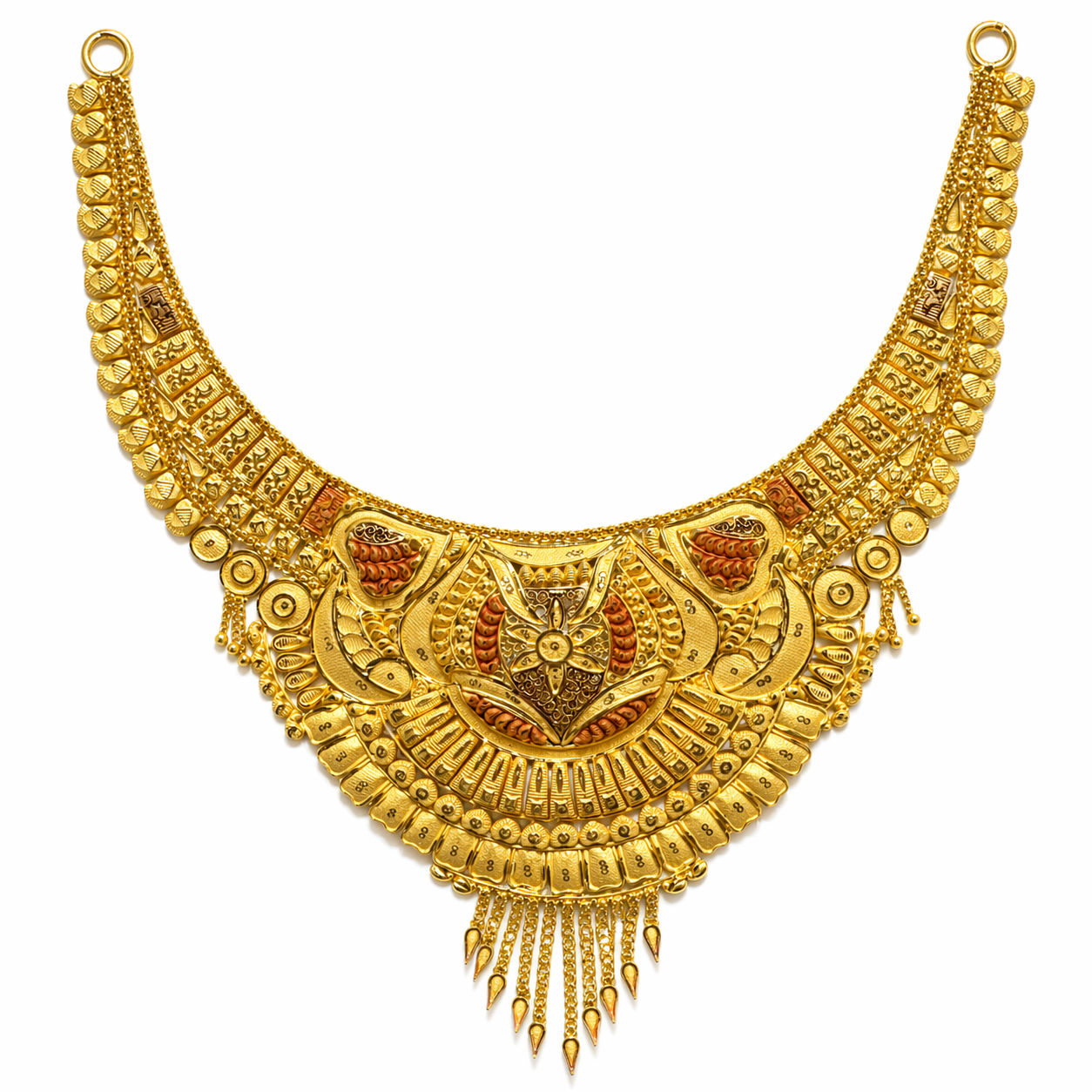 22Kt Gold Antique Rajwadi Crescent Bib Bridal Necklace with Meenakari & Tassel Fringe