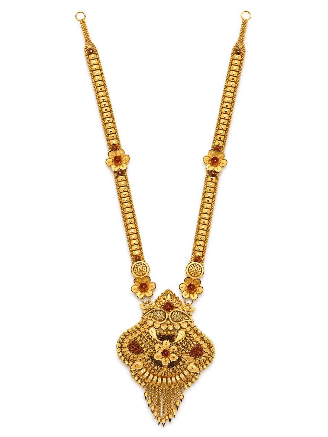 22Kt Gold Antique Rajwadi Long Haar Necklace with Floral Stations & Tassel Fringe