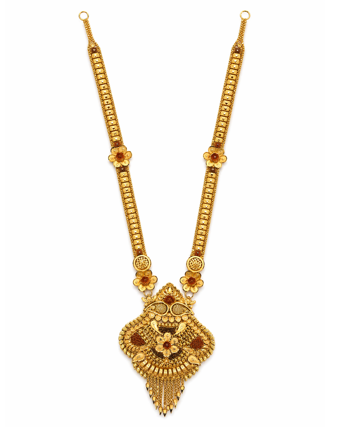22Kt Gold Antique Rajwadi Long Haar Necklace with Floral Stations & Tassel Fringe