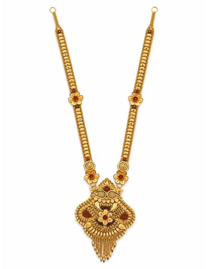 22Kt Gold Antique Rajwadi Long Haar Necklace with Floral Stations & Tassel Fringe