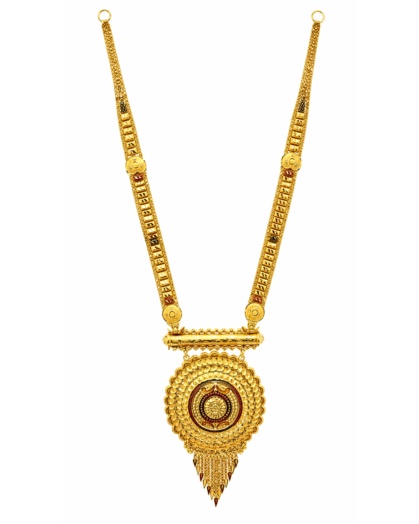 22Kt Gold Antique Rajwadi Long Haar with Circular Shield Pendant & Tassel Fringe