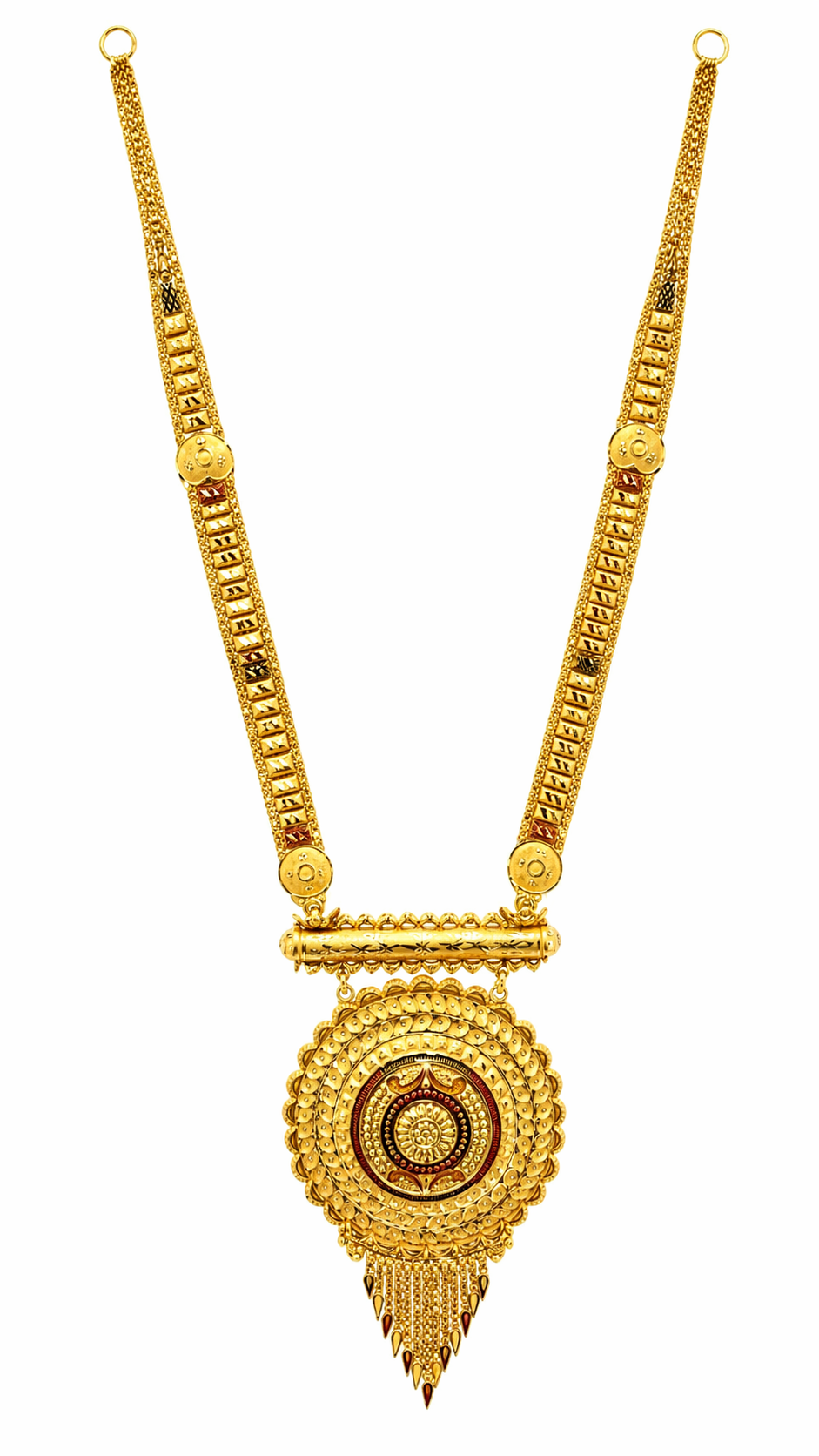 22Kt Gold Antique Rajwadi Long Haar with Circular Shield Pendant & Tassel Fringe