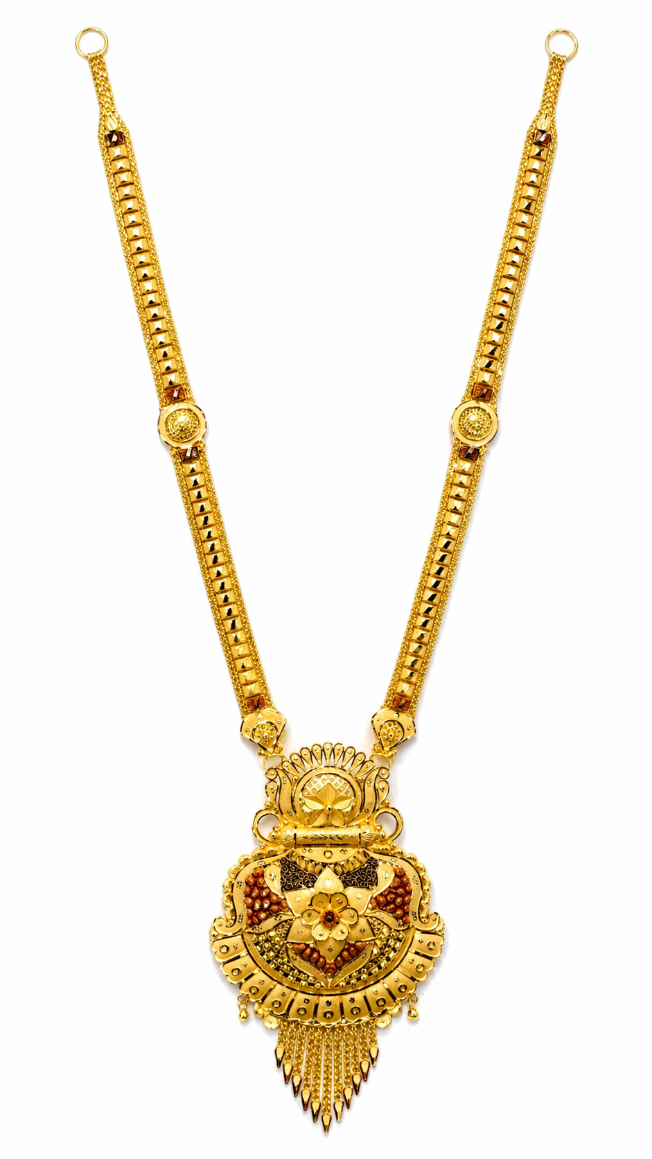 22Kt Gold Antique Rajwadi Long Haar with Shield Sunburst Pendant & Tassel Fringe