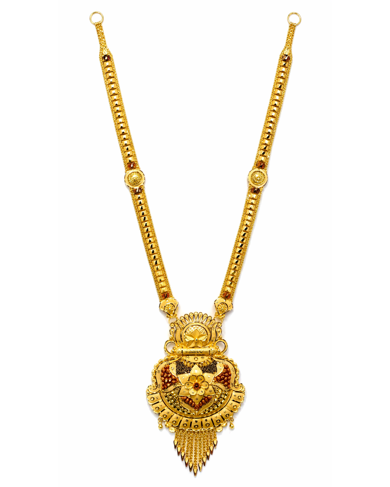 22Kt Gold Antique Rajwadi Long Haar with Shield Sunburst Pendant & Tassel Fringe
