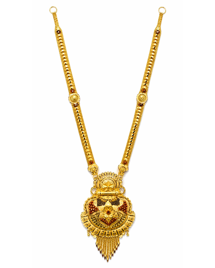 22Kt Gold Antique Rajwadi Long Haar with Shield Sunburst Pendant & Tassel Fringe