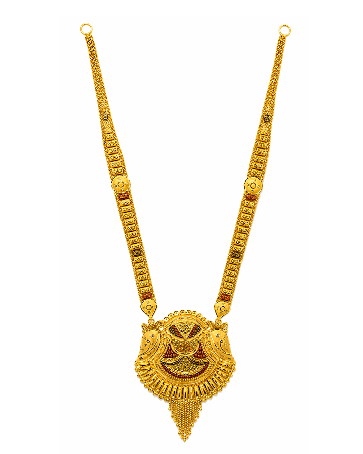 22Kt Gold Antique Rajwadi Long Haar with Twin Peacock Disc Pendant & Bead Fringe