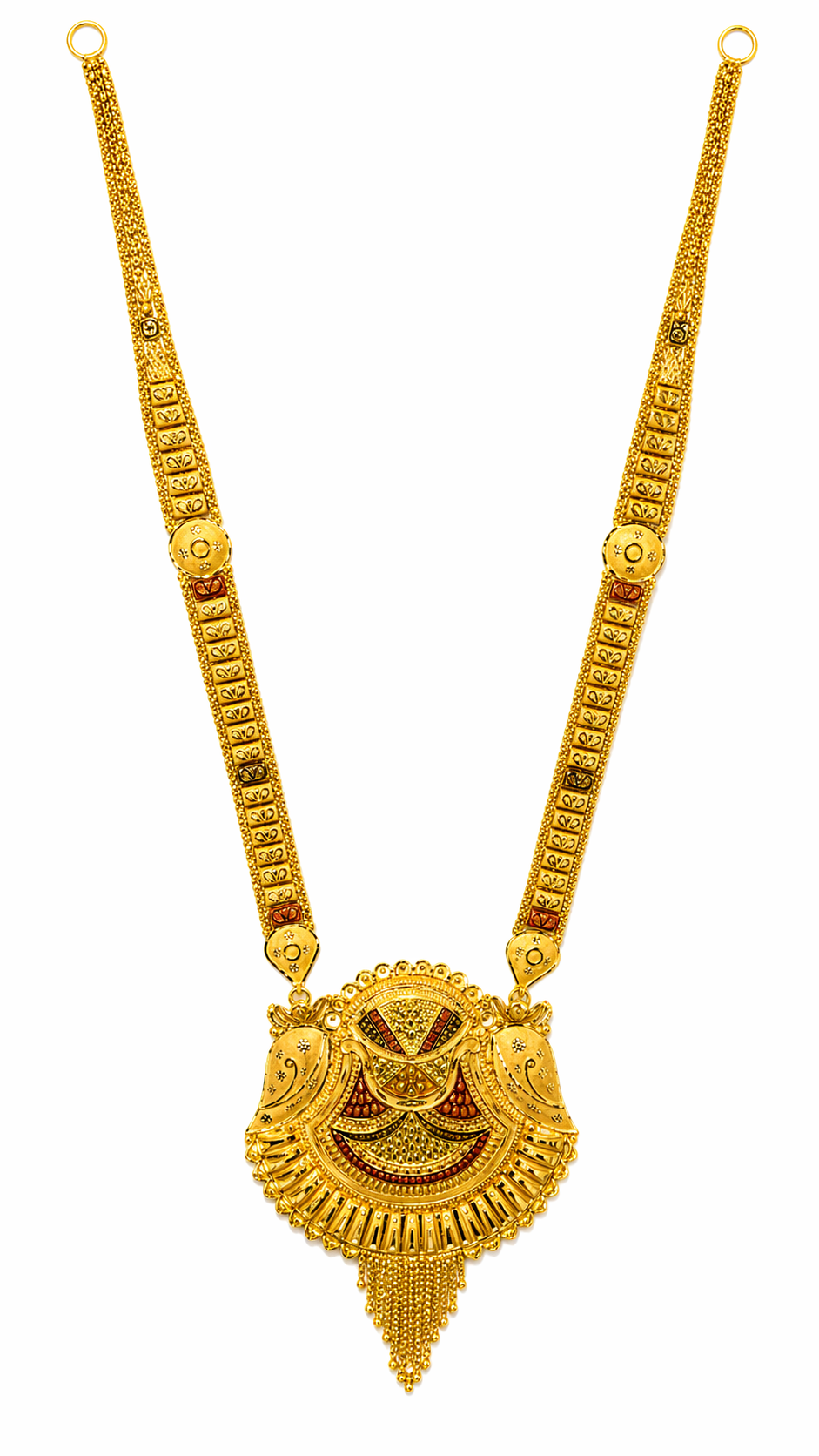 22Kt Gold Antique Rajwadi Long Haar with Twin Peacock Disc Pendant & Bead Fringe