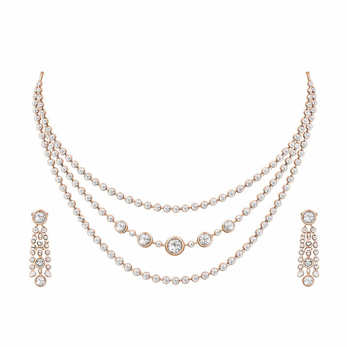 Classic Three-Layer Diamond Necklace with Earrings | Savya Jewels | 14-kt-gold