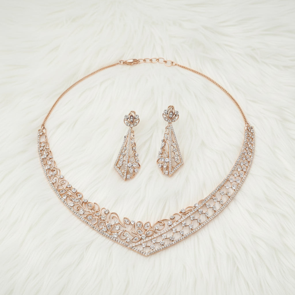 Elegant Openwork Diamond Necklace with Drop Earrings
