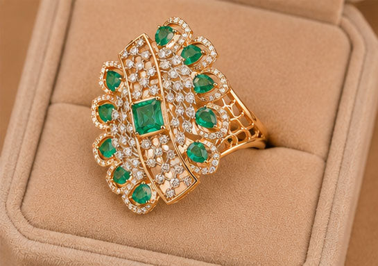 Emerald & Diamond Halo Ring in 14Kt Gold | 2.14 Ct Diamond | 11.09 Ct Emerald
