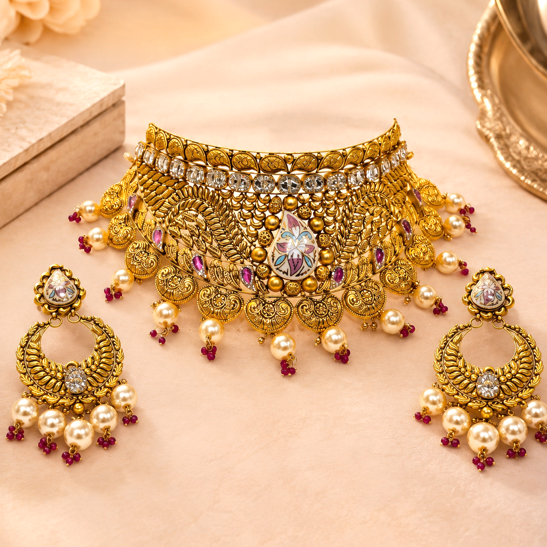 22Kt Gold Antique Ruby Guttapusalu Choker Necklace Set with Paisley Pendants & Pearl Drops