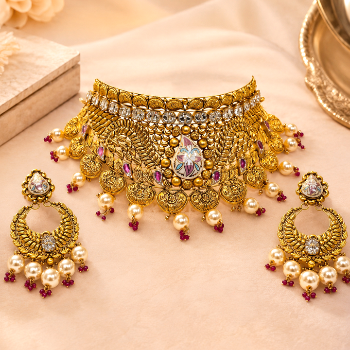 22Kt Gold Antique Ruby Guttapusalu Choker Necklace Set with Paisley Pendants & Pearl Drops