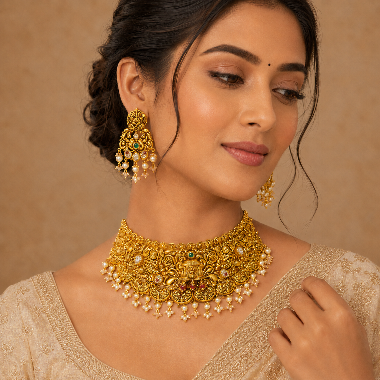 22Kt Gold Antique Kundan Choker Necklace Set with Ruby & Pearl Drops