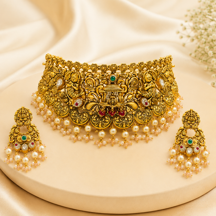 22Kt Gold Antique Kundan Choker Necklace Set with Ruby & Pearl Drops