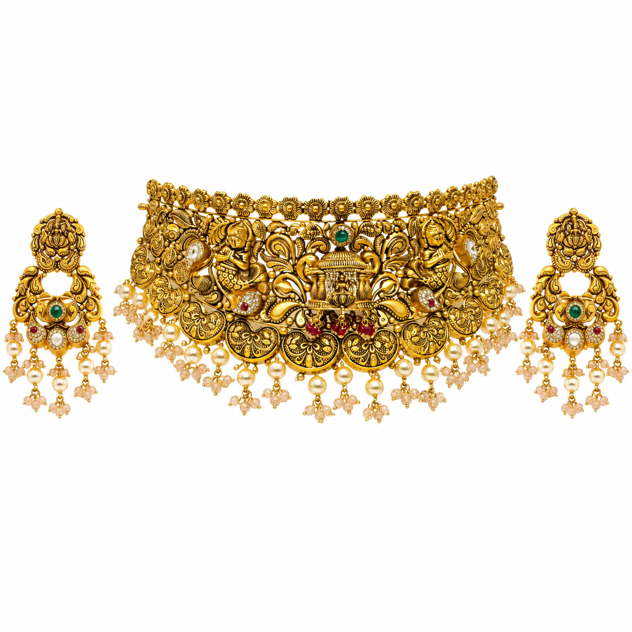 22Kt Gold Antique Kundan Choker Necklace Set with Ruby & Pearl Drops
