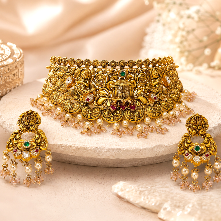 22Kt Gold Antique Kundan Choker Necklace Set with Ruby & Pearl Drops