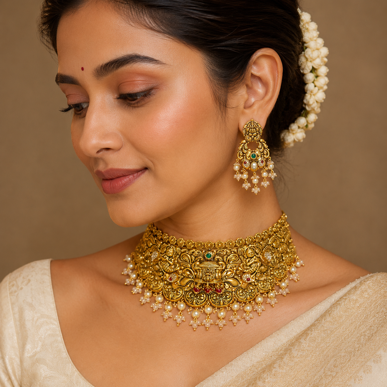 22Kt Gold Rajputana Bridal Choker Necklace Set with Kundan & Emerald