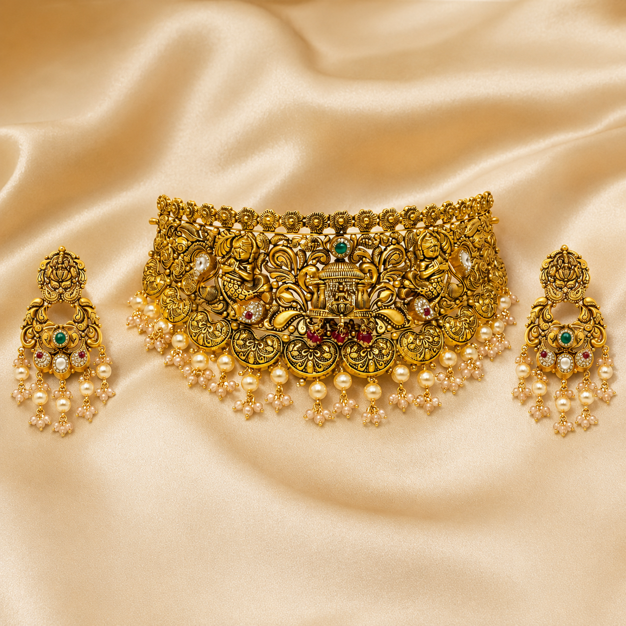 22Kt Gold Rajputana Bridal Choker Necklace Set with Kundan & Emerald
