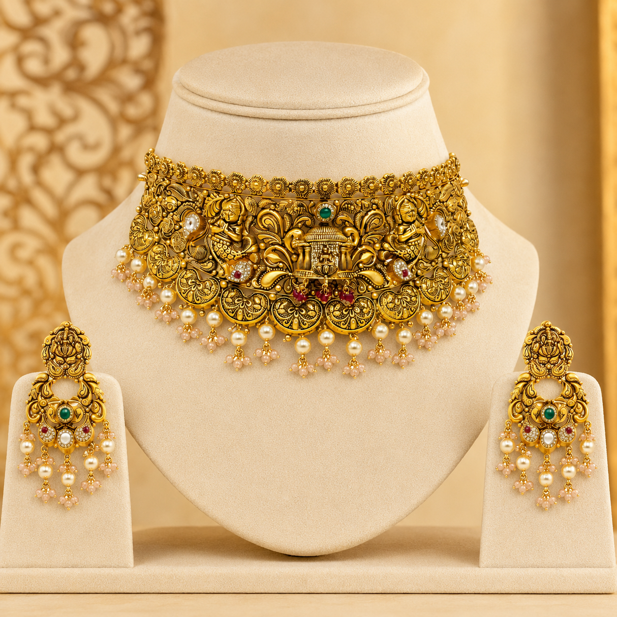 22Kt Gold Rajputana Bridal Choker Necklace Set with Kundan & Emerald