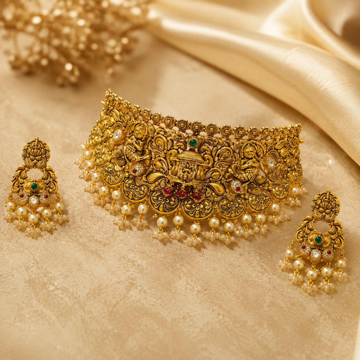 22Kt Gold Rajputana Bridal Choker Necklace Set with Kundan & Emerald