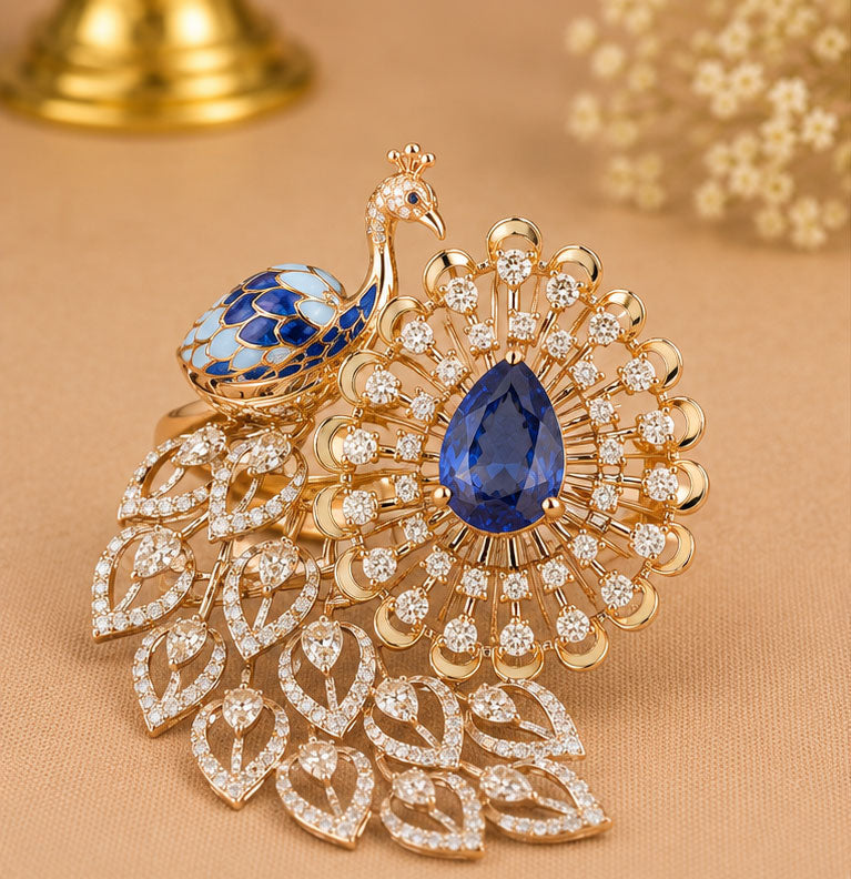 Peacock Sapphire & Diamond Ring in 14Kt Gold | 1.12 Ct Diamond | 2.02 Ct Sapphire