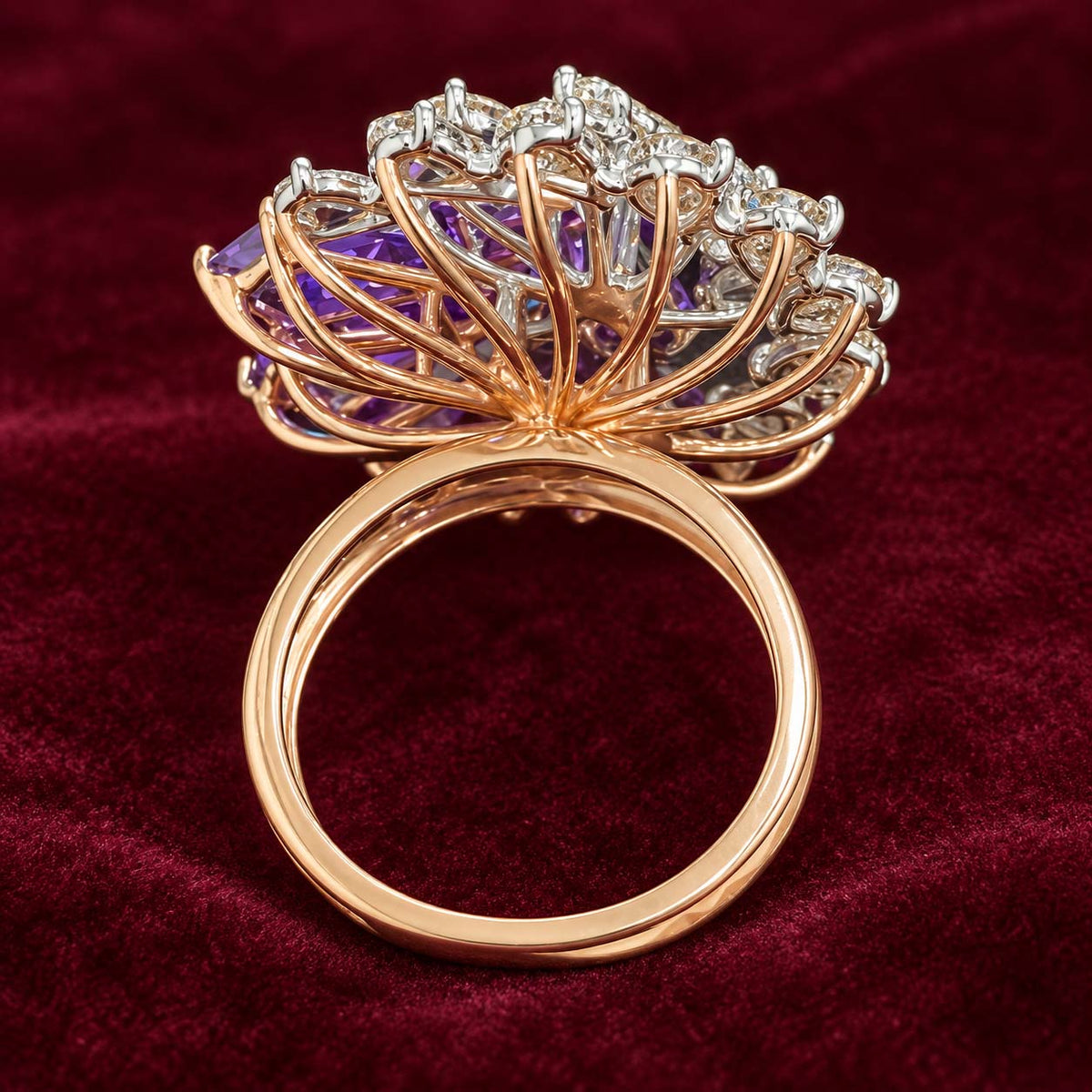 Rose Gold Red Gemstone and Diamond Floral Cocktail Ring | Savya Jewels