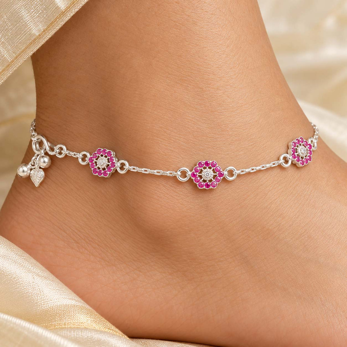 Pink Floral 925 Sterling Silver Payal Anklets