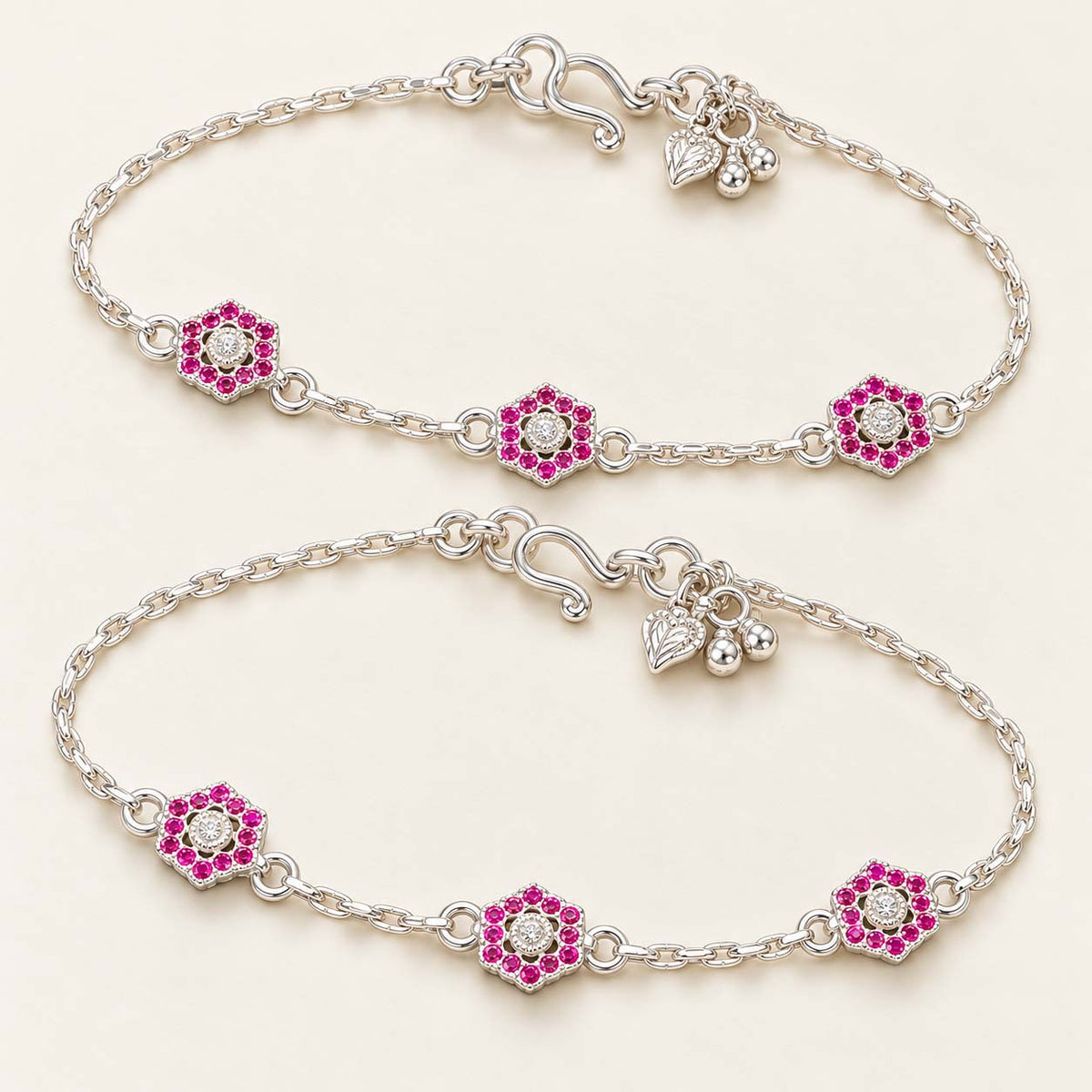Pink Floral 925 Sterling Silver Payal Anklets
