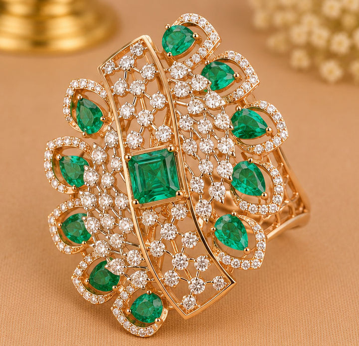 Emerald & Diamond Halo Ring in 14Kt Gold | 2.14 Ct Diamond | 11.09 Ct Emerald