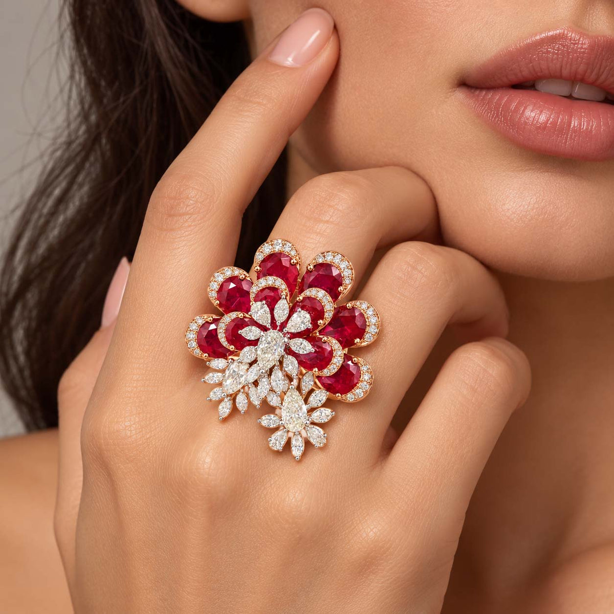 Rose Gold Purple Gemstone and Diamond Cluster Cocktail Ring | Savya Jewels