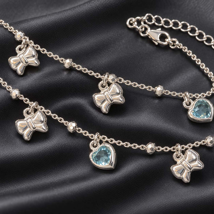 Aqua Blue Heart & Bow 925 Sterling Silver Payal Anklets