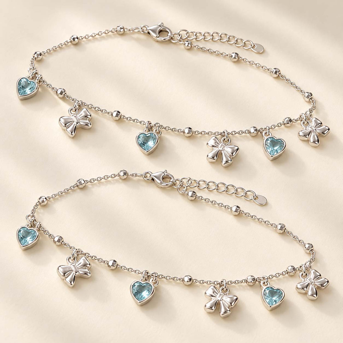 Aqua Blue Heart & Bow 925 Sterling Silver Payal Anklets