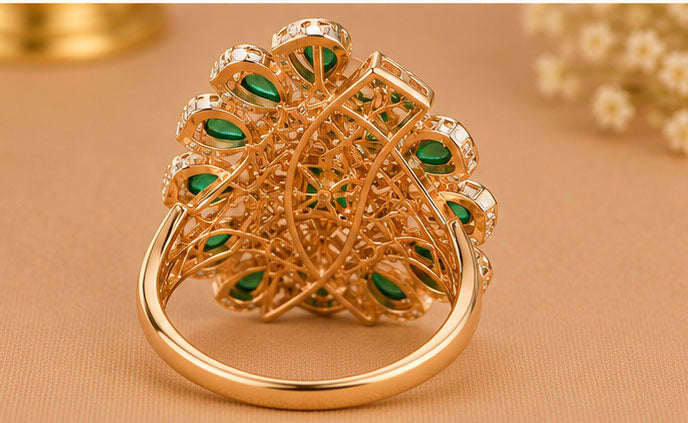 Emerald & Diamond Halo Ring in 14Kt Gold | 2.14 Ct Diamond | 11.09 Ct Emerald
