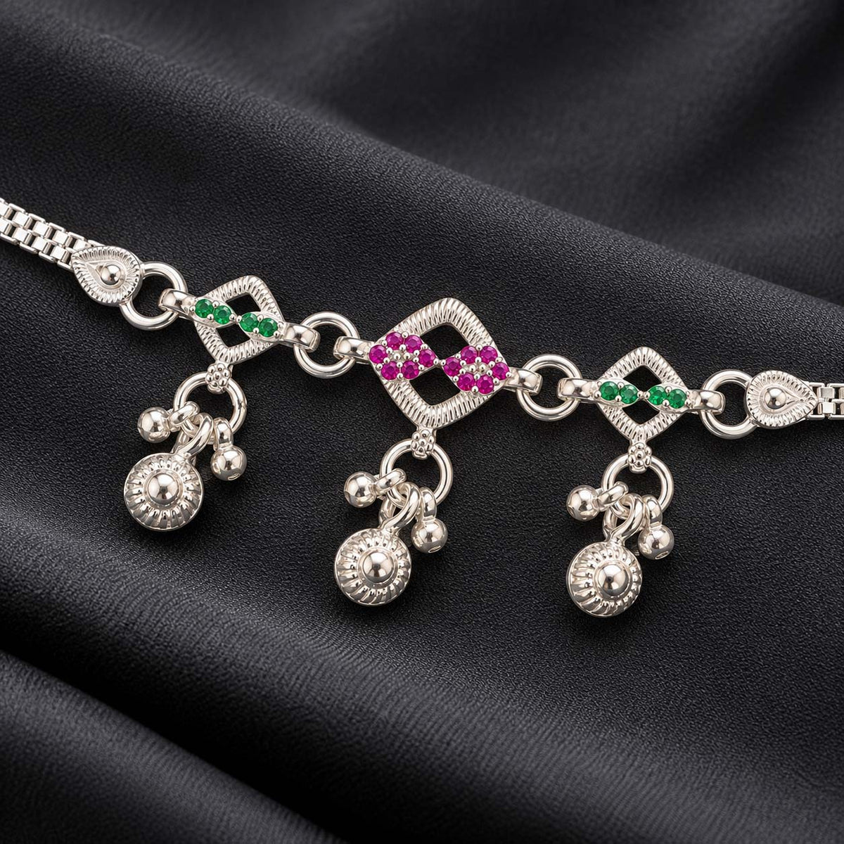 Pink & Green Geometric 925 Sterling Silver Payal Anklets