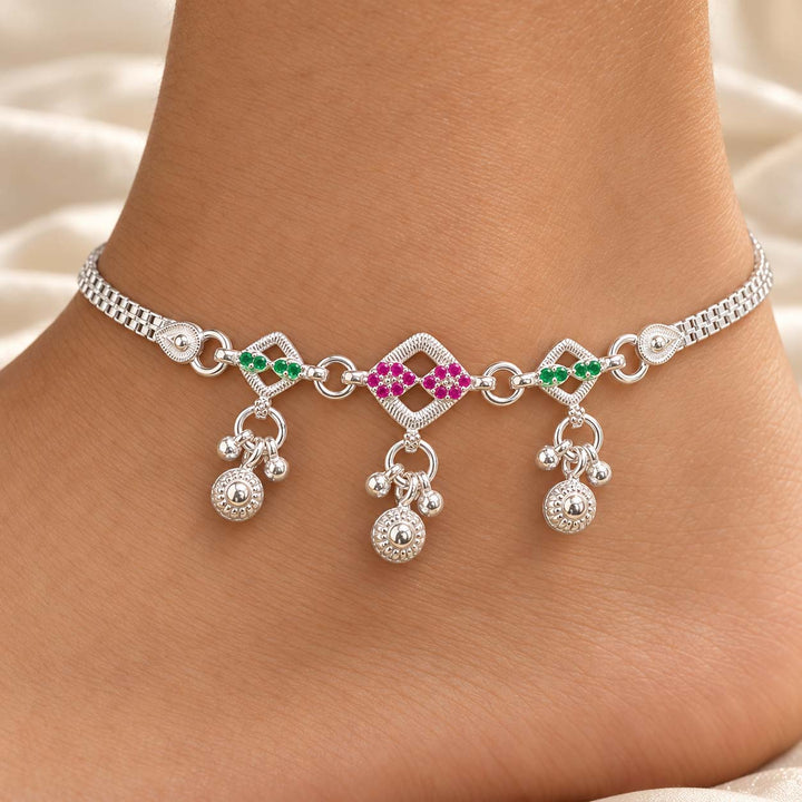 Pink & Green Geometric 925 Sterling Silver Payal Anklets