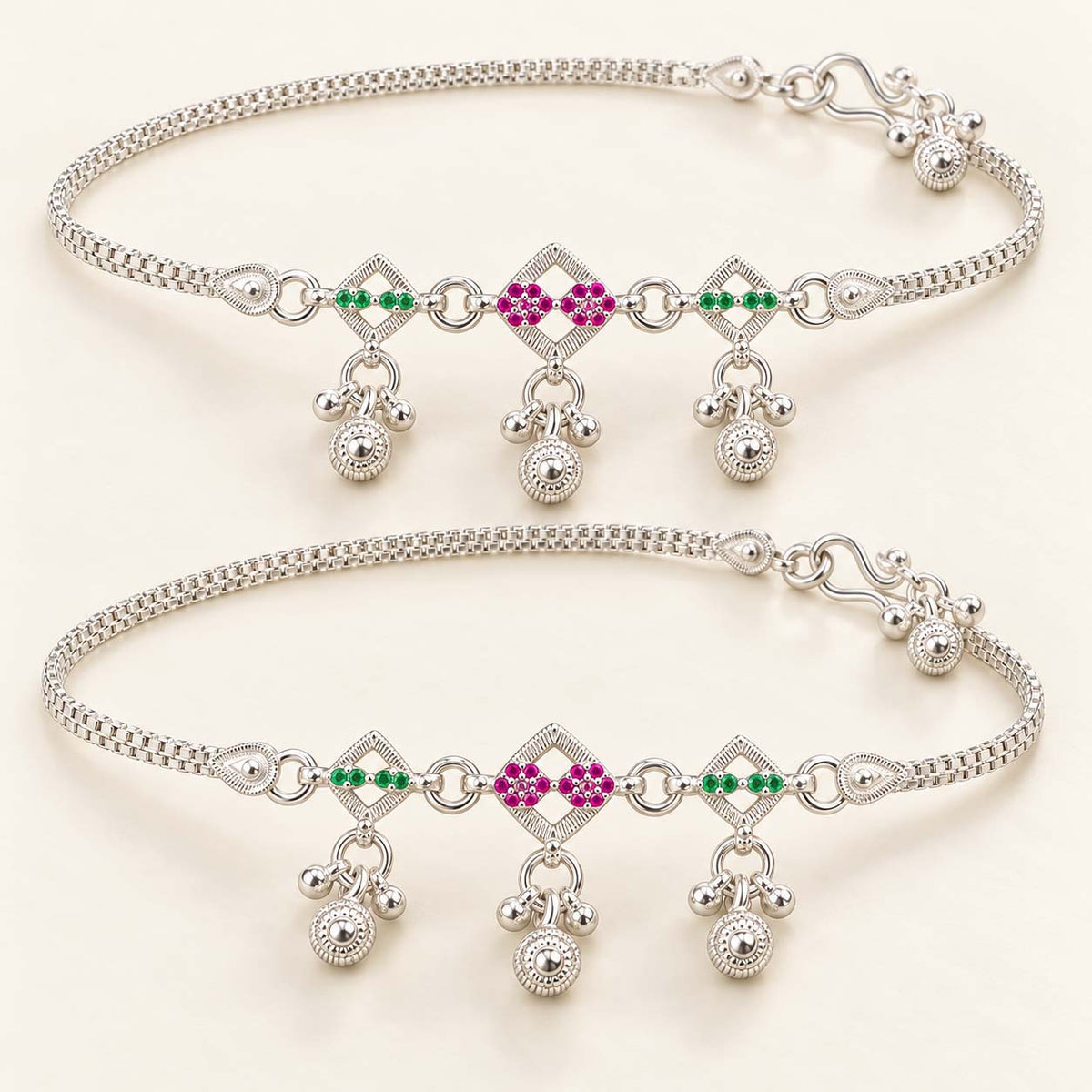 Pink & Green Geometric 925 Sterling Silver Payal Anklets