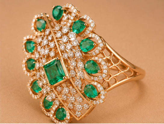 Emerald & Diamond Halo Ring in 14Kt Gold | 2.14 Ct Diamond | 11.09 Ct Emerald