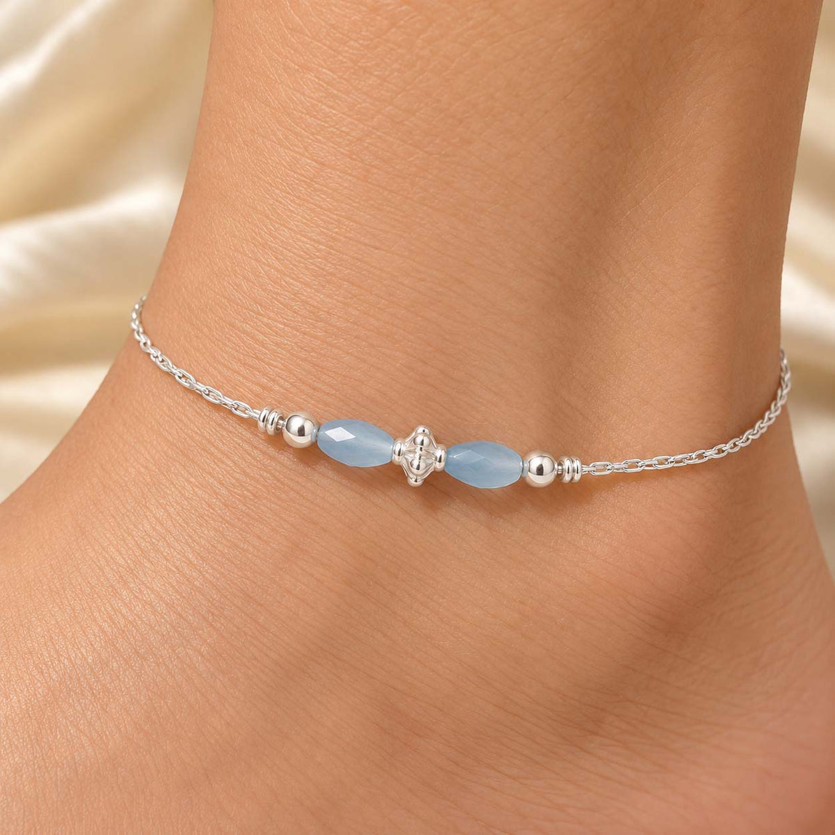 Sky Blue Beaded 925 Sterling Silver Payal Anklets