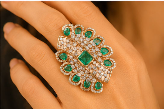 Emerald & Diamond Halo Ring in 14Kt Gold | 2.14 Ct Diamond | 11.09 Ct Emerald