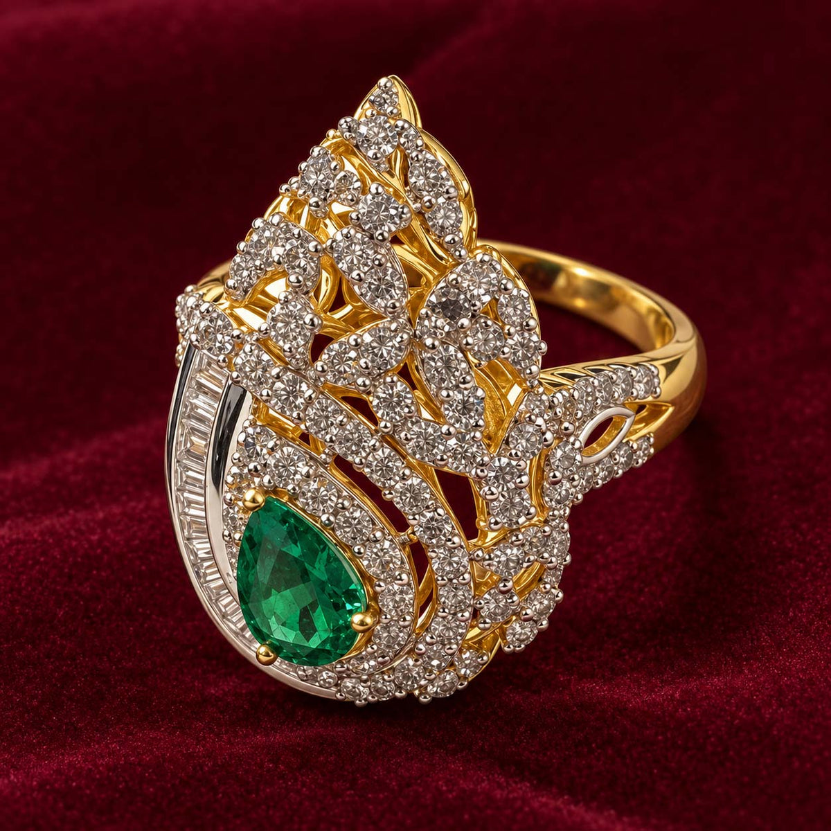 Sparkling Paisley Emerald & Diamond Ring