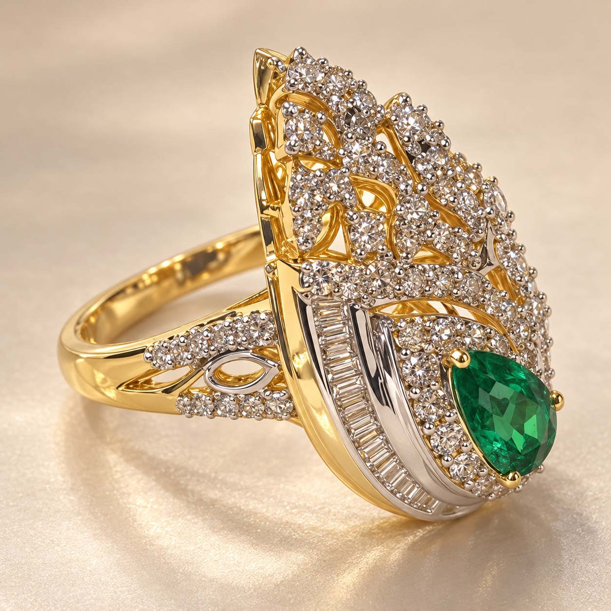 Sparkling Paisley Emerald & Diamond Ring