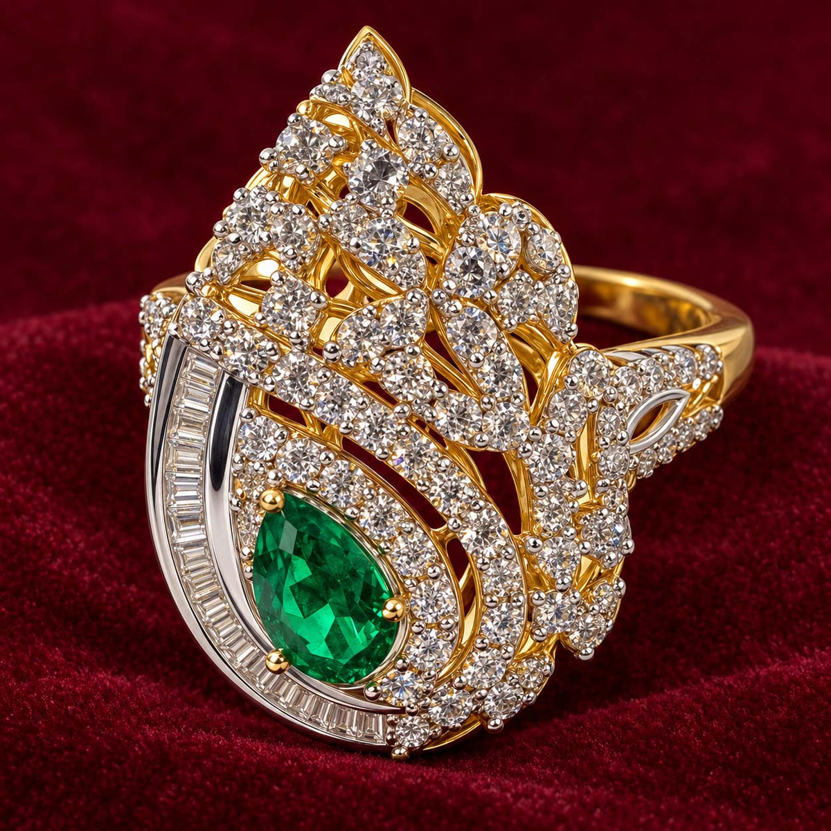 Sparkling Paisley Emerald & Diamond Ring