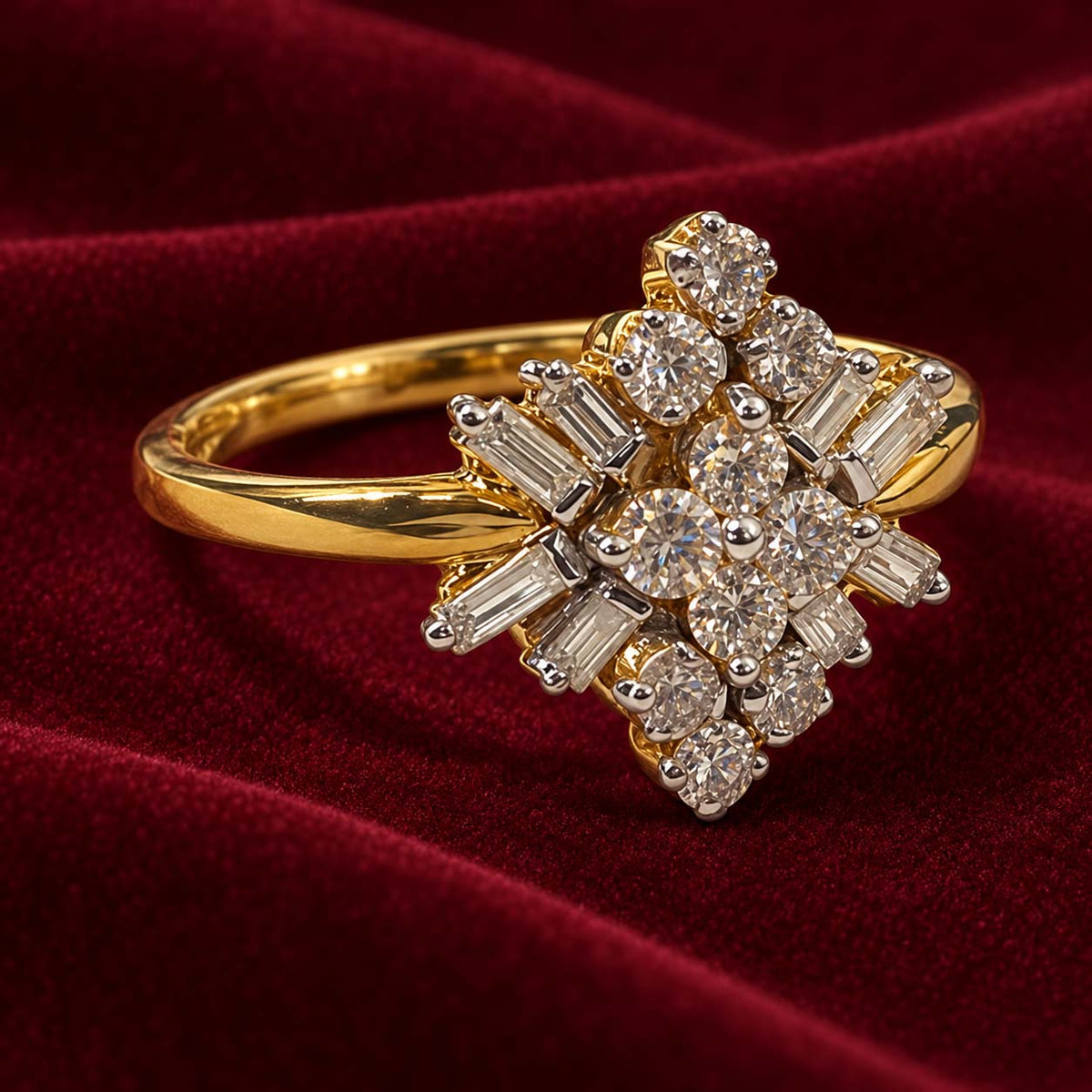 18K Gold Elongated Diamond Cluster Ring