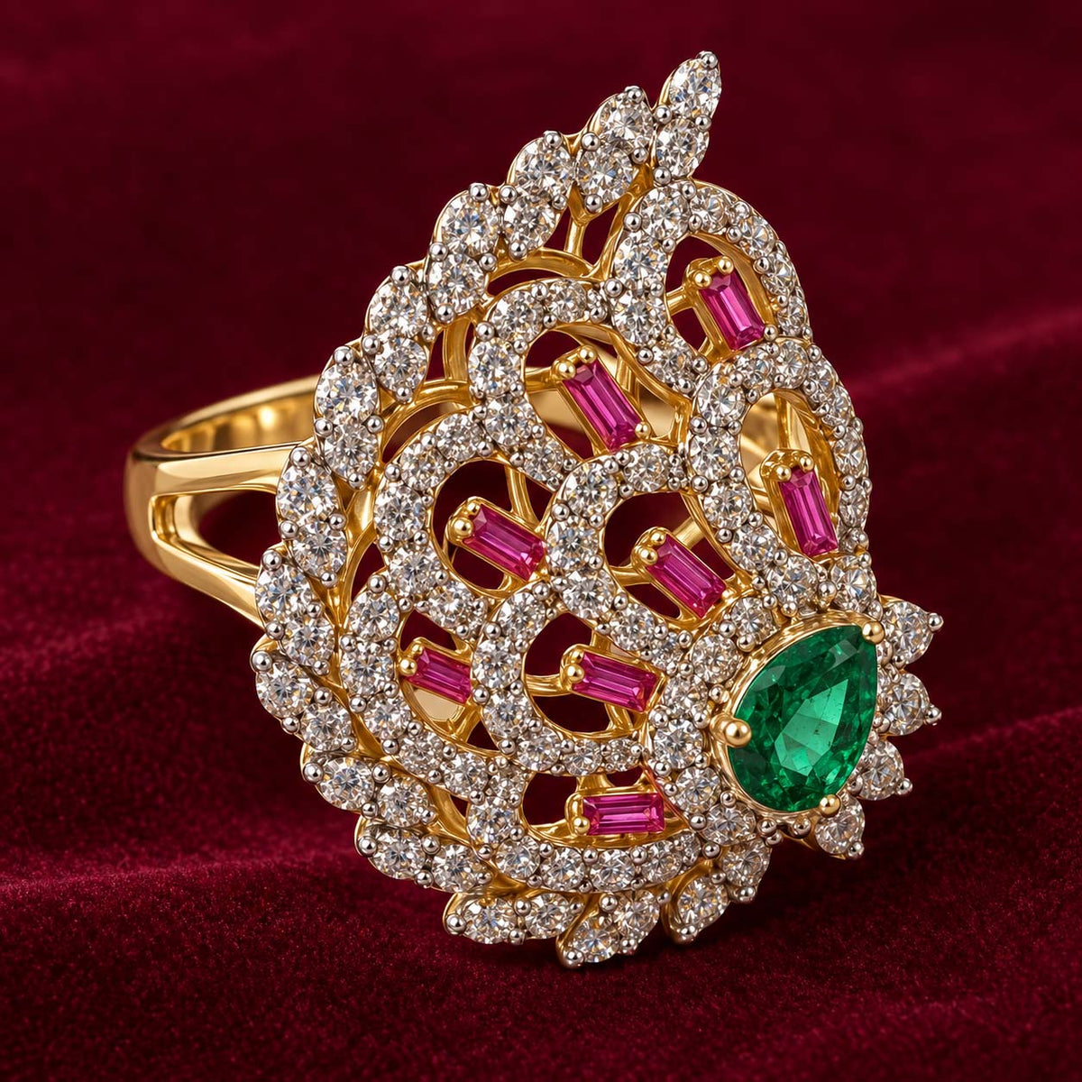 Teardrop Emerald Ruby Accent Diamond Ring